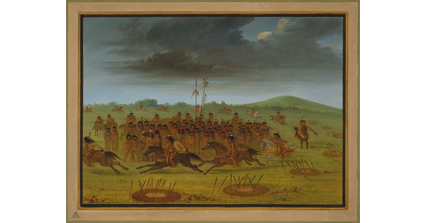 An oil painting of a group of Indigenous people watching men on horseback ride in a circle while shooting arrows at targets on the ground.