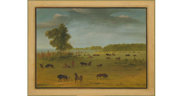 An oil painting of a Native American village with groups of people and horses in a grassy field in front of tipis along a shore.