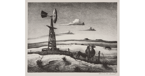 A black-and-white print of a field of grazing cows, one stands just inside a fence next to a windmill.