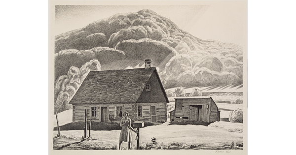 A black-and-white print of a woman standing by a mailbox near a log cabin that sits at the foot of a mountain.