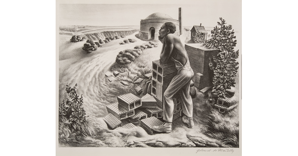 A black-and-white print of a Black man in overalls leaning on a pile of cinder blocks, staring off into grassy landscape with a domed building in the distance.