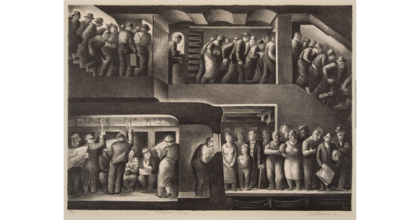 A black-and-white print of a cross-section of a subway station showing crowds descending stairs, going through turnstiles, lined up on the platform, and on the train.
