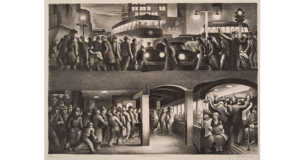 A black-and-white print of a cross-section of a subway station filled with people in the tunnels and on the train beneath a busy street filled with buses, cars, and crowds of pedestrians.