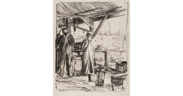 A black-and-white print of two standing figures, backs to the viewer, at tables piled high with mussels under a wooden awning that is open to the sea.