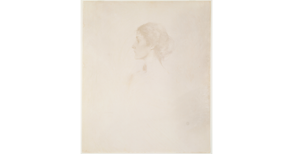 A faint black-and-white drawing of a young, White woman in profile, hair pulled back, from the shoulders up.