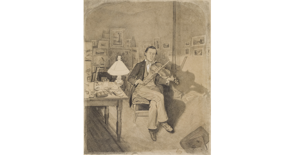 A black-and-white drawing of a young, White man playing a fiddle while seated next to a bright lamp on a cluttered table.