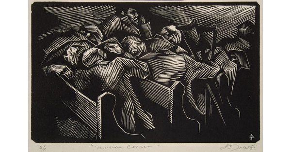 A black-and-white stylized print of people, some with crutches by their sides, sitting in church pews with their heads down.