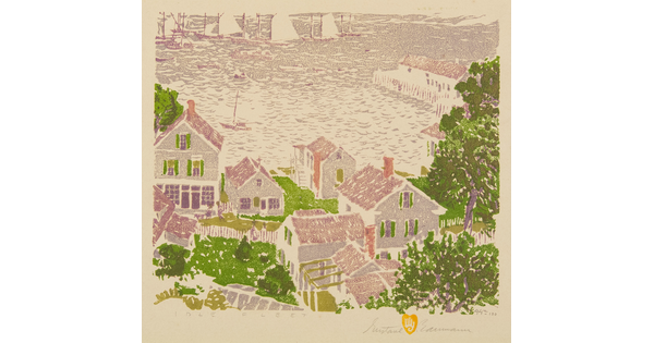 A color print of cottages and trees nested along a coastline with many sailboats docked in the distance on the water.