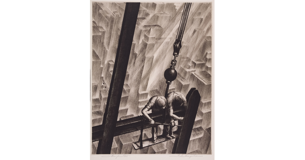 A black-and-white print of two construction workers on an I-beam on a skyscraper as seen from above.