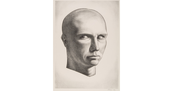 A black-and-white print portrait of the head of a completely bald, White man, eyes looking to the side.