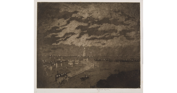 A black-and-white print of a harbor with boats and a distant lighthouse under a cloudy, night sky. 