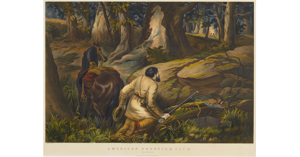 A color print of a man kneeling with his rifle next to his horse in a forest watching Native people around a fire in the distance.