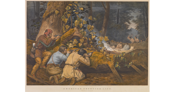 A color print of three White men crouched behind a log pointing rifles at three Indigenous men coming into their camp with tomahawks and knives raised.