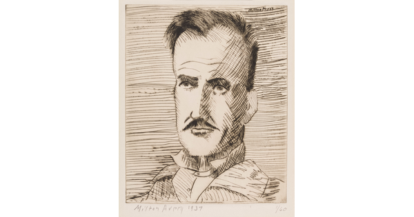 A black-and-white print caricature of a White man, head elongated, with a mustache wearing a collared shirt.