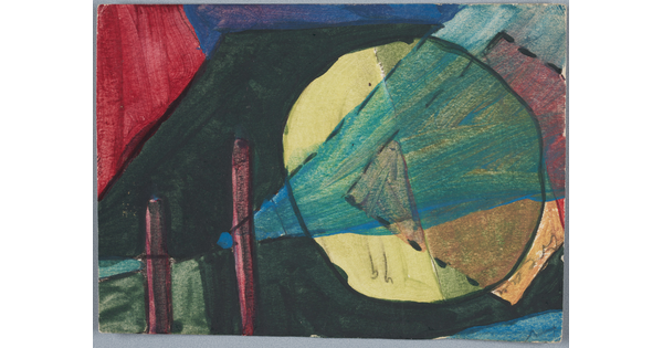 An abstract painting of various shapes in red, black, blue and yellow.