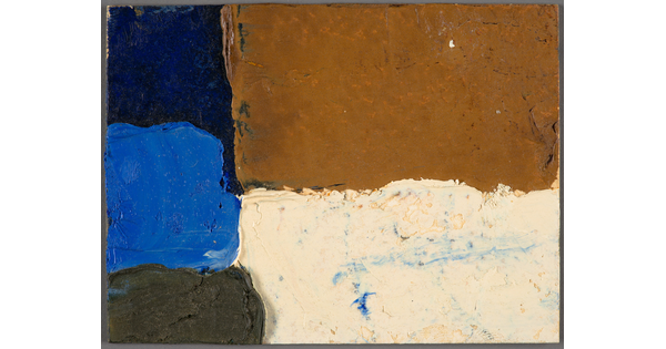 An abstract painting of rectangular shapes in blues, browns, and gray.