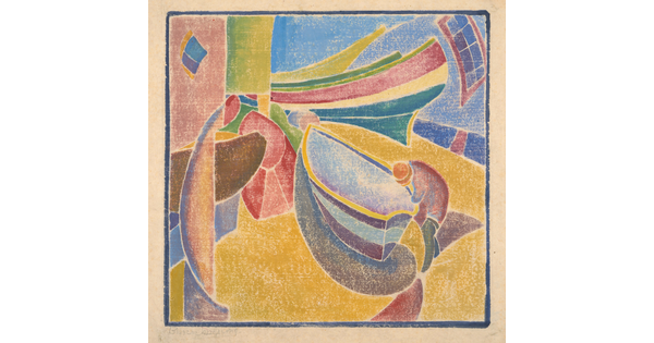 An abstract print of four boats composed of brightly colored shapes outlined in white.