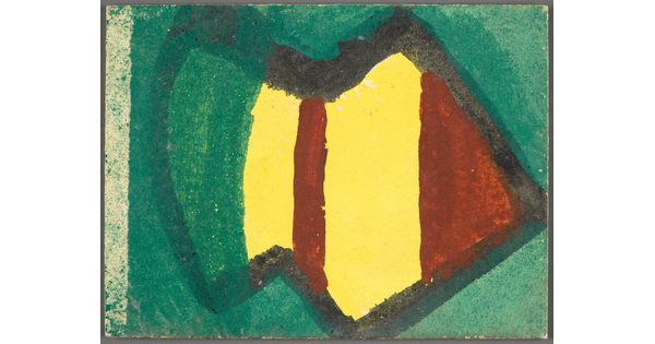 A watercolor with bands of yellow, red, and blue-green inside of an abstract form outlined in black.