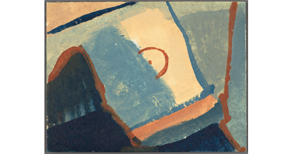 A watercolor of abstract shapes in varying shades of blue with thick rust and blue lines vaguely outlining some of the shapes.