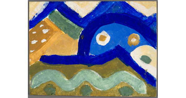 A watercolor of abstract shapes and lines in a variety of bold blues, yellows, and greens.