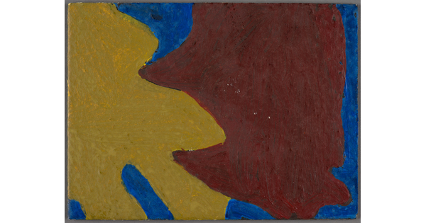 An abstract oil painting of broad, curvy organic shapes in yellow and red on a blue background.