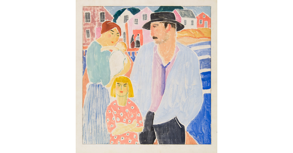 A colorful, stylized print of a family standing on a dock with houses in the background.