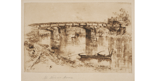 A print of a bridge over a river with small boats in the water and a building on the far end of the bridge.