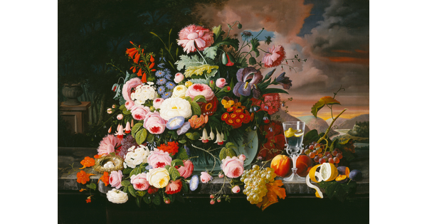 An oil painting of an enormous bouquet of colorful flowers next to an array of fruit and a water-filled wineglass on a table.