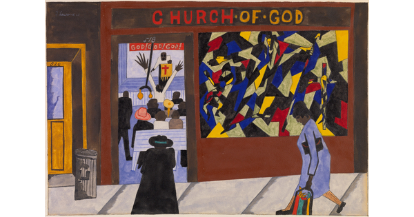 A watercolor of people walking toward a storefront church with a stained glass window and, through the open door, Black people sit in pews in front of a pastor at a pulpit.