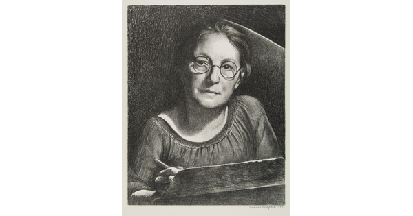 A black-and-white print of White woman wearing round glasses seated behind a desk and holding a pencil.