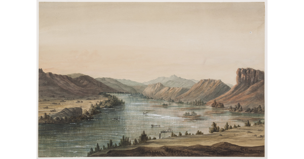 A watercolor of people in small boats on a wide, calm river surrounded by mountains and rock formations.