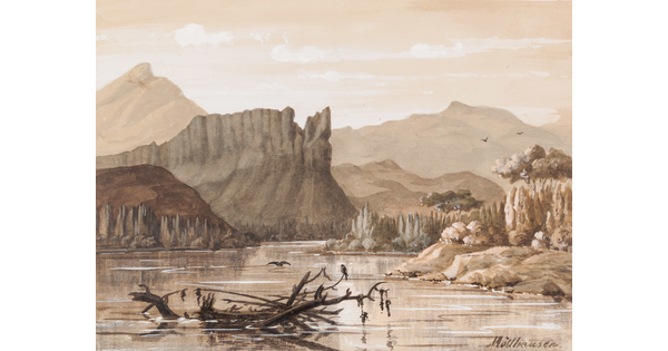 A sepia-toned watercolor painting of mountains, rock formations, and a calm river.