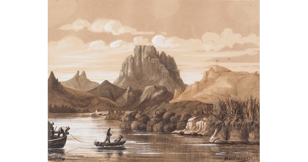 A sepia-toned watercolor painting of mountains, rock formations, and people rowing a boat and a canoe on a calm river.