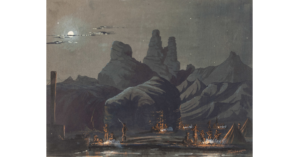 A watercolor of groups of people around campfires and tents surrounded by dark rock formations under the moonlight.