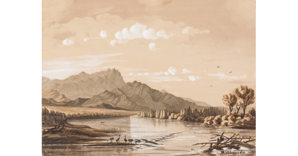 A watercolor of a birds wading in a calm body of water with mountains in the distance, all cast in a light orange haze.