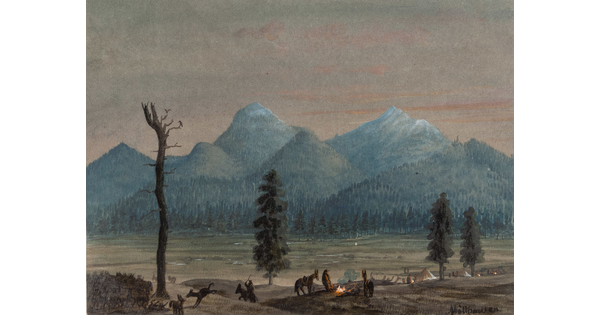 A watercolor of a group of people and animals near a campfire at dusk with blue mountains in the distance.