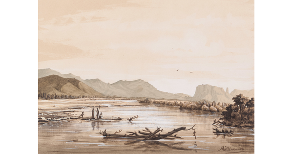 A watercolor in muted colors of a river with trees on its banks, four people standing on rocks in the river, and mountains in the background.