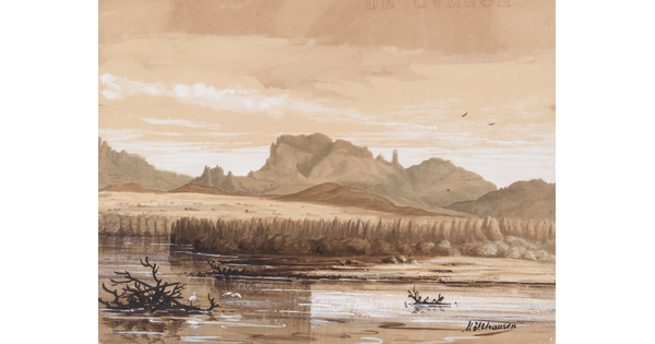 A watercolor in muted colors of a river with trees on the opposite bank and rock formations in the distance.