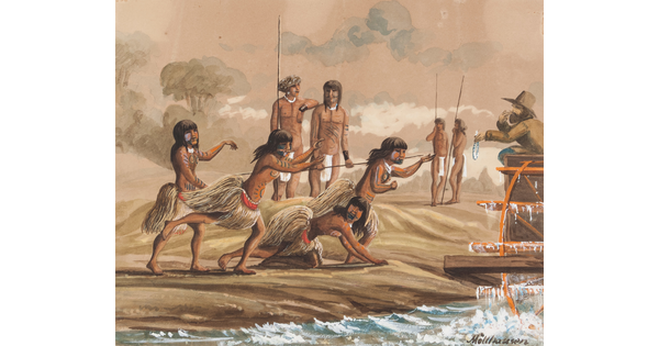 A watercolor of a group of American Indians on a shore interacting with a White man on a boat.
