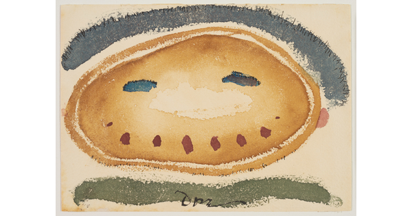 An abstract watercolor of a blue swath of color across the top, a green swatch across the bottom, and a yellow circle in between with red and blue dashes that resemble a smiley face.