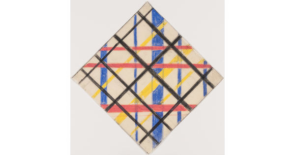An abstract color drawing of overlapping black, blue, red, and yellow lines of varying widths drawn within the shape of a diamond. 