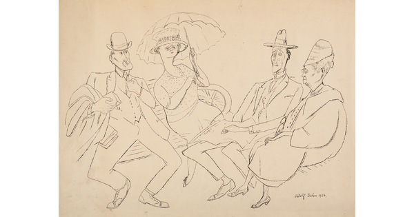 A black-and-white caricature-style drawing of nicely-dressed people, two men and two women, sitting on park benches.