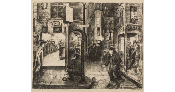 A black-and-white print of a street corner at night with people inside of a bar, people smoking, and people on the cobblestone street.