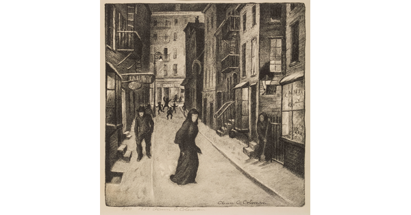 A black-and-white print of a city street lined with tall buildings and different people walking, playing, and sweeping.