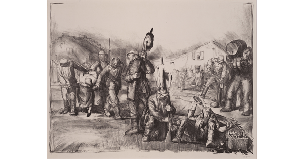 A black-and-white print of uniformed soldiers dragging a prisoner by the hair, and other soldiers, some with bodies speared on bayonets, eating and drinking.