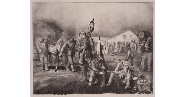 A black-and-white print of uniformed soldiers dragging a prisoner by the hair, and other soldiers, some with bodies speared on bayonets, eating and drinking.