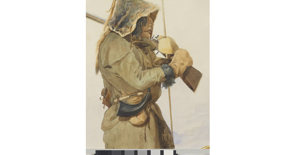 A detail of a watercolor of an Indigenous man dressed in animal skins and carrying a rifle.