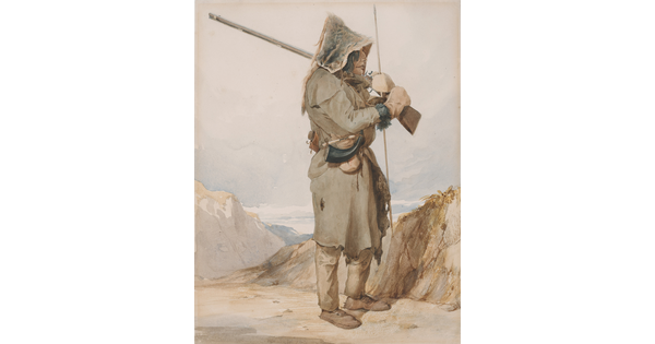 A watercolor of an Indigenous man dressed in animal skins and carrying a rifle.
