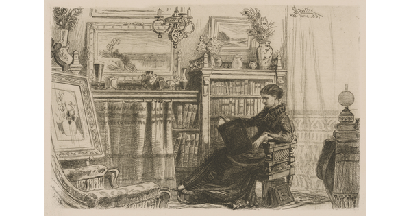 A black-and-white print of a young White woman seated in a home library reading a book.