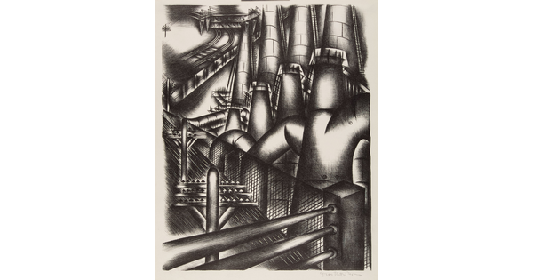 An abstract black-and-white print of industrial buildings and pipes with railroads and power lines in the distance.
